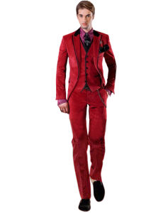 Mens Red Velvet Three Pieces Suit Tuxedos Single Breasted Jacket Vest Pants Wedding Prom Banquet Busienss Tuxedos