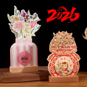 Solid Wood Chinese Zodiac Desk Calendar 2026 Horse Year Insert Paper Craft Retro Style Monthly Planner Calendar with Base for Premium Corporate Gift