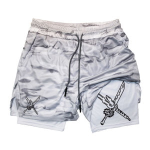 Print 2 in 1 Performance Shorts for Men Gym Workout Running Shorts with Phone Pocket Towel Loop Anime Athletic Quick Dry Shorts