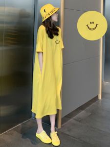 Cotton T-shirt Dress Womens Summer Loose Oversized Fat Hiding Knee-Length Short-Sleeved T-shirt Dress Casual Slimming Dress