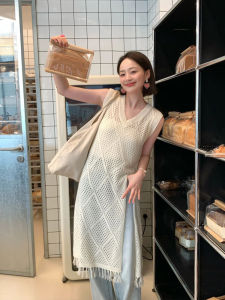 White V-Neck Ice Silk Knitted Hollow out Vest Dress Thin Tassel Slit Sleeveless Cover up Long Skirt Summer Commute Style