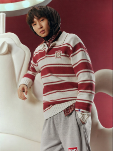 Champion | Red Turn-Down Stripe Spring New Knit Sweater