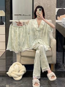 ผู้หญิง ฤดูร้อน ไอซ์แขนสั้น ผ้าไหม เซ็ตเสื้อผ้าใส่ในบ้านบางขนาดใหญ่ให้ความรู้สึกเย็นสบาย ทันสมัย ผ้าซาติน ชุดนอน