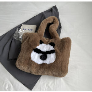 Furry Panda Womens Handbag Commuter Shoulder Bag Soft Plush Tote Bag Fashionable All-Match Large Capacity Bucket Bag
