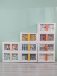 Storage Bins with Lids - Collapsible Storage Bins Clear Black Wardrobe Closet Organizer 19Gal Stackable Toy Storage Foldable Plastic Storage Container with Door Crate for Book Storage