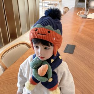 Childrens Dinosaur Hat Scarf Set Winter New Style Baby Infant Ear Protection Boys Girls Knitted Headwear Handmade Casual Outfit