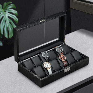 HUIYAXIU | Carbon Fiber Texture Leather Watch Storage Box With Lock And Window