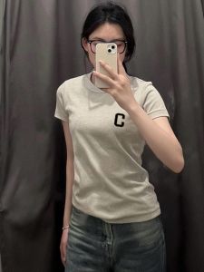 Cotton Short Sleeve T-Shirt Women Summer New Tight Fit round Neck Slimming Top Shoulder Width Regular Print Design Korean Style