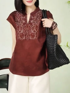 QINGNAER | Plus Size Luxury Heavy Embroidery V-Neck Short Sleeve Red Shirt