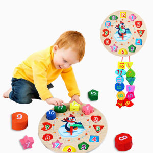 BabyShine Mainan edukasi anak/puzzle/jam kayu/Penguin Beaded Clock mainan Puzzle kayu