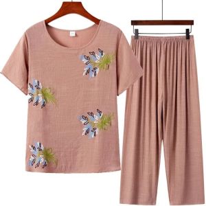 ชุดสองชิ้นแขนสั้นหลวมพิมพ์ลายฤดูร้อนสำหรับผู้หญิงวัยกลางคนและผู้สูงอายุ เสื้อผ้าใส่ในบ้าน ชุดฤดูใบไม้ร่วง แขนสั้น ปกติ