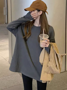 เสื้อยืดคอกลมแขนยาวทรงหลวมสไตล์เกาหลีสำหรับผู้หญิงในฤดูใบไม้ร่วงปี 2023 เสื้อชั้นในสีพื้นที่สวมใส่สบายและทันสมัย