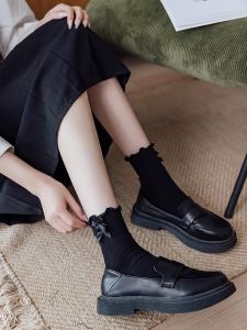 Black Lace Edge Mid-Calf Socks for Women: Spring & Autumn Style Japanese JK Shoes Matched Flats Butterfly Knot Cotton Socks