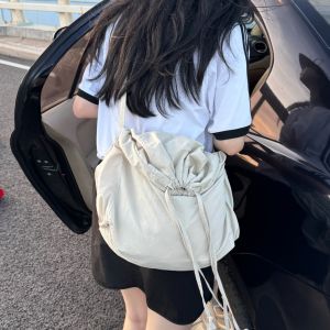Huridom 2024 New Crossbody Bag Womens Nylon Waterproof Casual Bag Drawstring Bag Neutral Solid Color