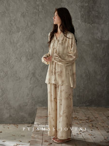 Chao Wei Ni Womens Sleepwear Long Sleeve Ice Silk Integrated Home Set with Chest Pad Spring Autumn Outerwear Ready to Ship