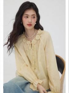 Áo Blouse Tay Chuông Thiết Kế Pháp Cổ Điển Nơ Hoa