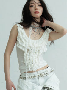 Retro Romantic Wood Grain Edge Multi-layer Pure Desire One-Shoulder Versatile Vest T-shirt JNYLON-25SS Womens Fashion Top