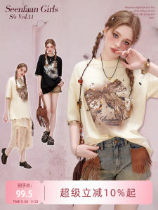 SEENFAAN Street Style Casual Print Short Sleeve T-Shirt Summer New Loose Top Womens Fashion Cotton Polyester Blend round Neck