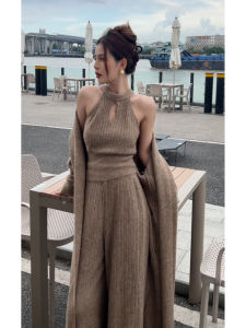 YUEZHONGWEI | Spring Outfit Long Knit Cardigan Halter Top Wide Leg Pants Womens Set