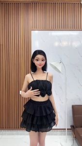 Set Đi Biển 3 Món Chất Liệu Voan Tơ Gồm Áo Cup Nguc 2 Dây Đính Hoa + Chân Váy 3 Tầng Dáng Ngắn + Áo Khoác Bèo Mặc Ngoài QUYN.134