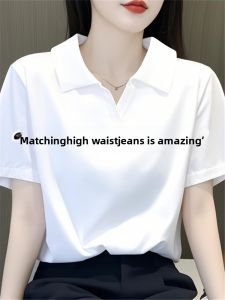 LINGLONGDAI | White Cotton Polo Neck Short Sleeve T-Shirt Women Summer Loose Slim Fit Base Shirt Top Trendy Casual Style Universal Fit Loose Type