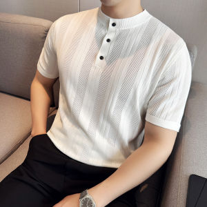 New Chinese Style Stand Collar Polo Shirt Mens Short Sleeve Summer Thin Ice Silk Hollow Knitted High-End Striped Half Sleeve T-Shirt