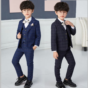 Three Piece Suit Set For Kid Plaid Boy Formal Dinner Dress Dance Class Children Blazer