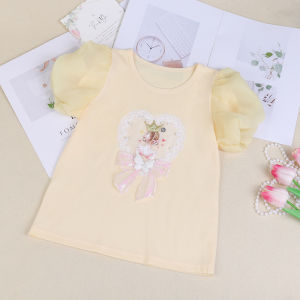 Summer Girl Short Sleeve Tops Baby Girl round Neck Girl Half-Sleeve Pure Cotton T-Shirt Western Style Puff Sleeves Fashion Childrens Clothing