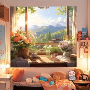 VIKAMA Summer Nature Landscape Tapestry Window View Mountain Greenery Scandinavian Style Living Room Decoration