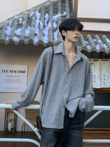 เสื้อเชิ้ตแขนยาวทรงหลวมสไตล์ย้อนยุคสำหรับวัยรุ่น ทรงหลวมสบายๆ ลายทางสีขาว สไตล์เกาหลี เสื้อเชิ้ตผู้ชาย