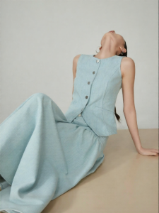 XIAODADEHUA | Light Blue Washed Denim Sleeveless Jacket Set
