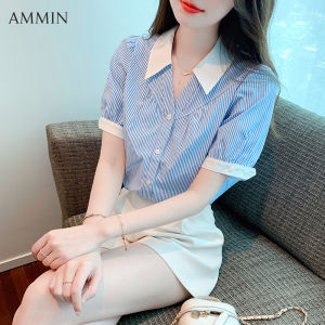 AMMIN 2023 summer new short-sleeved casual commuter striped shirtFor women Korean style retro striped color collision short-sleeved chiffon Tops