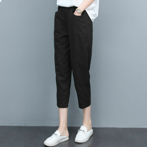 Cotton Linen Harem Seven-Foot Pants Women Summer Thin Elastic High Waist Loose Casual Fashion Versatile Small Size Cabbage Middle-Pants