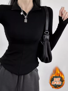 เสื้อยืดคอโปโลผู้หญิงทรงเข้ารูปแขนยาวปิดก้นบุขนแกะสีดำฤดูใบไม้ร่วง/ฤดูหนาว เสื้อตัวบนสไตล์อเมริกันแบบลำลอง