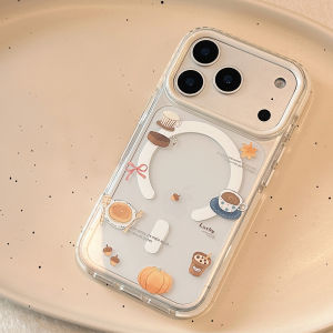Korean Cartoon Cream Bagel Magnetic Bracket Phone Case For iPhone 17 16 15 14 13 12 Pro Max Clear Shockproof Protective Cover