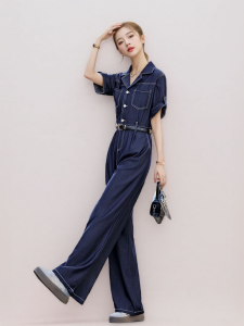 Retro Workwear Denim Overalls Women Summer 2025 New Short Sleeve Waist Cinching Slimming Onesie Thin Wide Leg Long Pants
