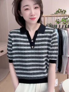 UYFY | Fashionable Retro Casual Stripe POLO Neck Short Sleeve Womens T-shirt Summer New Style Elegant Base Shirt Loose Knitted Polyester Fiber