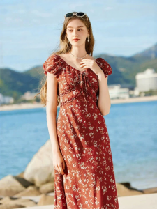 XIANGYING | Floral Red Summer Dress with Ruffled Hem and Waist Tie