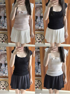 เสื้อยืดถักลายทางผูกโบว์ผีเสื้อสำหรับใส่ไปทำงานในฤดูใบไม้ผลิ กระโปรงทรงเอยาว ผ้าฝ้ายผสมโพลีเอสเตอร์ แขนสั้น ปกติ