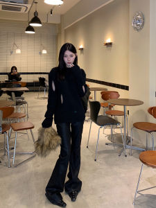 กางเกงขายาวทรงตรงเอวต่ำสีดำสำหรับผู้หญิง กางเกงขายาวทรงตรงเอวสูงทรงเข้ารูปสไตล์เกาหลี ฤดูใบไม้ร่วง 2022 กางเกงขายาว PU ทรงลำลอง