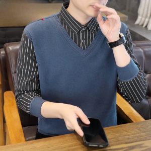 HENGYUANXIANG | Hengyuanxiang Mens Knitted Sweater Fleece Lined Thickened Shirt Collar V-Neck Winter Fashion Casual Comfortable Polyester Blend