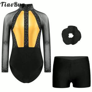 เด็กสาวแขนยาวบัลเล่ต์เต้นรำชุดยิมนาสติกลีลา L Eotards กับกางเกงขาสั้นสเก็ตประสิทธิภาพบอดี้สูท J Umpsuit ชุด