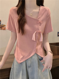 Asymmetrical New Chinese Style Buckle Shoulder Short Sleeve T-Shirt Womens Slightly Oversized Girls Plus Size Womens Clothing Slimming V-Neckline Belly-Covering Coat
