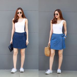 กางเกงกระโปรง ขาสั้นป้ายหน้า ผ้ายีนส์ฟอก กระโปรงกางเกงแต่งป้ายหน้าขาสั้นหญิง