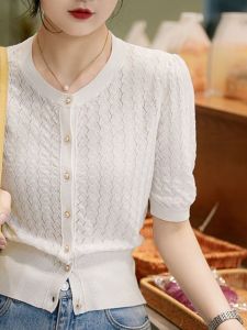 Summer New Thin Ice Silk Short Sleeve Knitted Open Cardigan Womens Two-Sided Wear Air Conditioner Shirt with Skirt Top Short Loose Outerwear