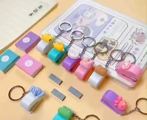 Cute Cartoon Mini Stapler With Keychain Portable Creative School Office Stationery