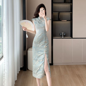 Elegant Summer Qipao Dress Womens Long Split Skirt French Style Petite Ladys Atmosphere Dress Polyester Fiber mid Waist