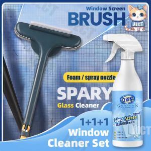 JECT Window Screen Brush & 500ml Glass Spray Cleaner 3 in1 Set Double-Sided Rub Scrape Dual Use Foam Nozzle Clean Tools