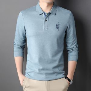 ROMON | Long Sleeve Polo Shirt Casual Business Style For Dad Mens Cotton Polyester Blend Spring Autumn Fashion Top Quality T-Shirt