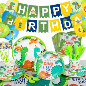 Dinosaur Disposable Tableware Cups Plates Tablecloth For Kids Birthday Party Decorations